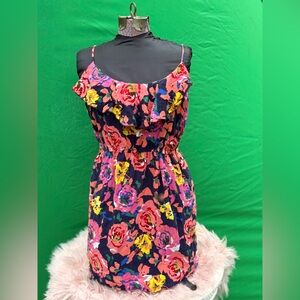 Justify Floral Ruffle Blouson Mini Dress Navy Pink Yellow - Size L